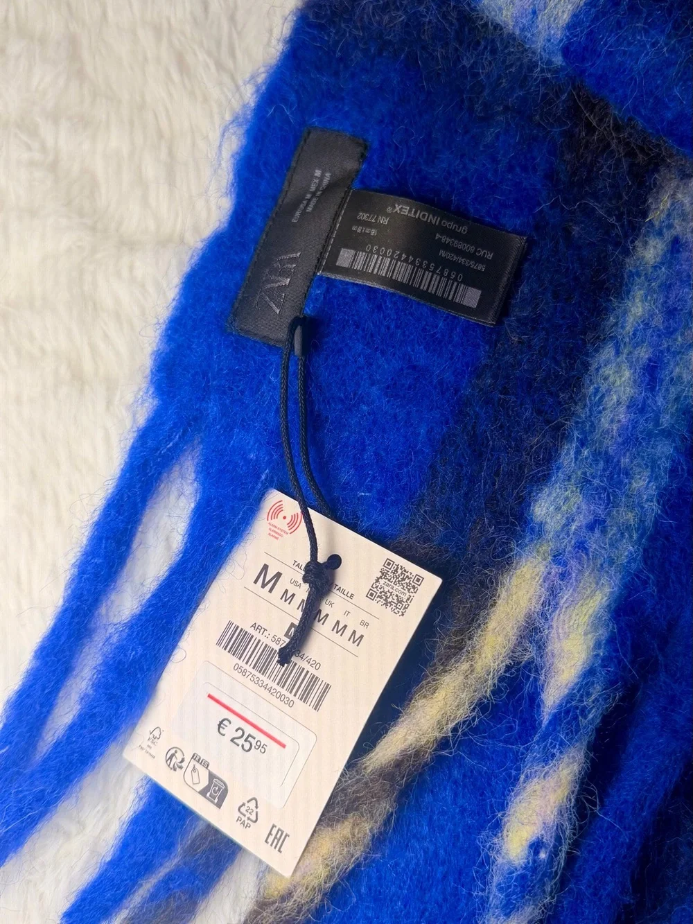 Zara Royal Blue Plaid Fringed Scarf with Cream & Black Stripes